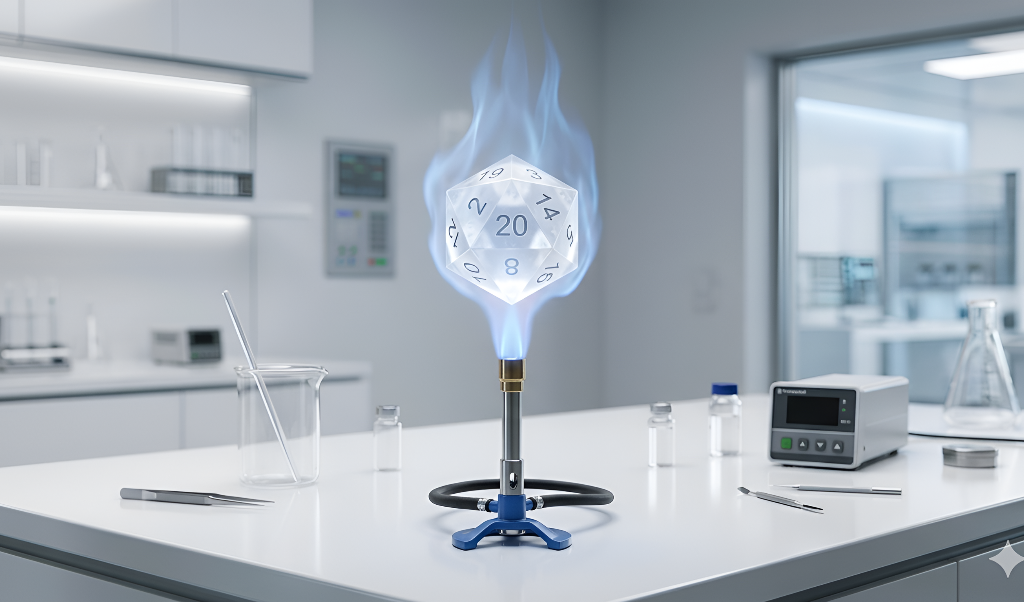 immagine in formato 16:9 orizzontale, fotorealistica e priva di scritte e che ritrae in stile 'minimal' il tavolo bianco di un laboratorio scientifico asettico, luminoso ed avveniristico dove campeggia, in primo piano, un bunsen acceso che sembra riscaldare un grande dado a 20 facce che fluttua 'sospeso magneticamente' nella fiamma.