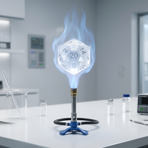 immagine in formato 16:9 orizzontale, fotorealistica e priva di scritte e che ritrae in stile 'minimal' il tavolo bianco di un laboratorio scientifico asettico, luminoso ed avveniristico dove campeggia, in primo piano, un bunsen acceso che sembra riscaldare un grande dado a 20 facce che fluttua 'sospeso magneticamente' nella fiamma.