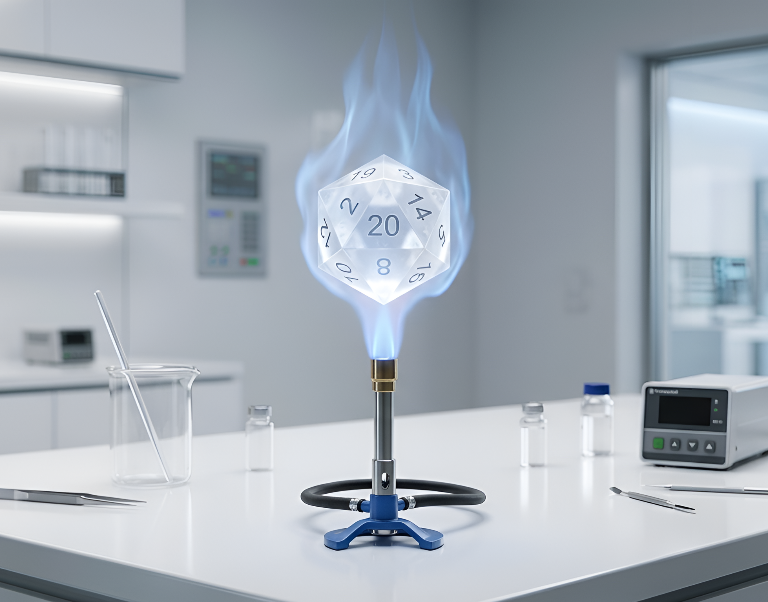 immagine in formato 16:9 orizzontale, fotorealistica e priva di scritte e che ritrae in stile 'minimal' il tavolo bianco di un laboratorio scientifico asettico, luminoso ed avveniristico dove campeggia, in primo piano, un bunsen acceso che sembra riscaldare un grande dado a 20 facce che fluttua 'sospeso magneticamente' nella fiamma.